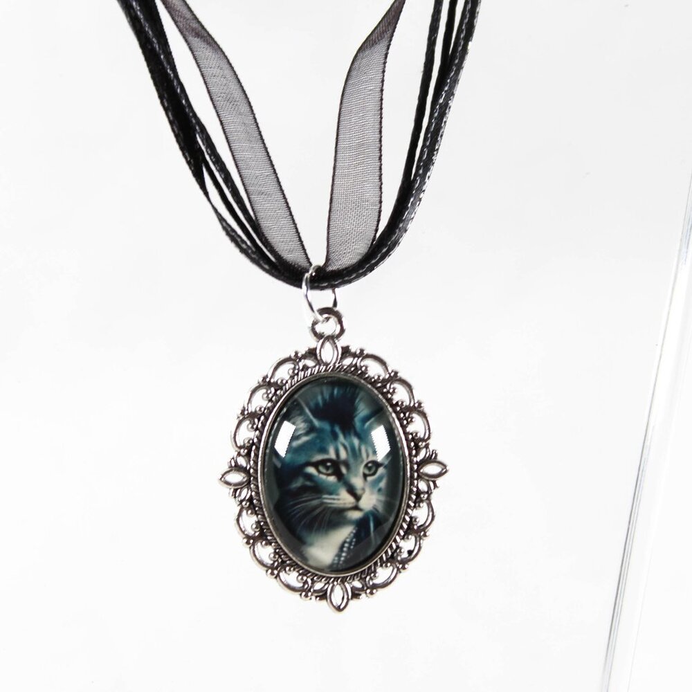 🔨 Punk Purrfection Gothic Victorian Punk Cat Necklace Tabby Leather Jacket